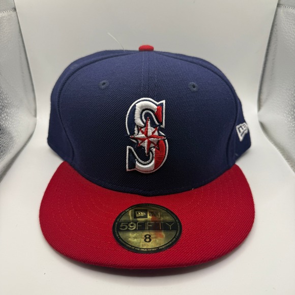 New Era 59FIFTY Seattle Mariners Fitted Hat Size 8 Navy Red MLB Logo Block Cap